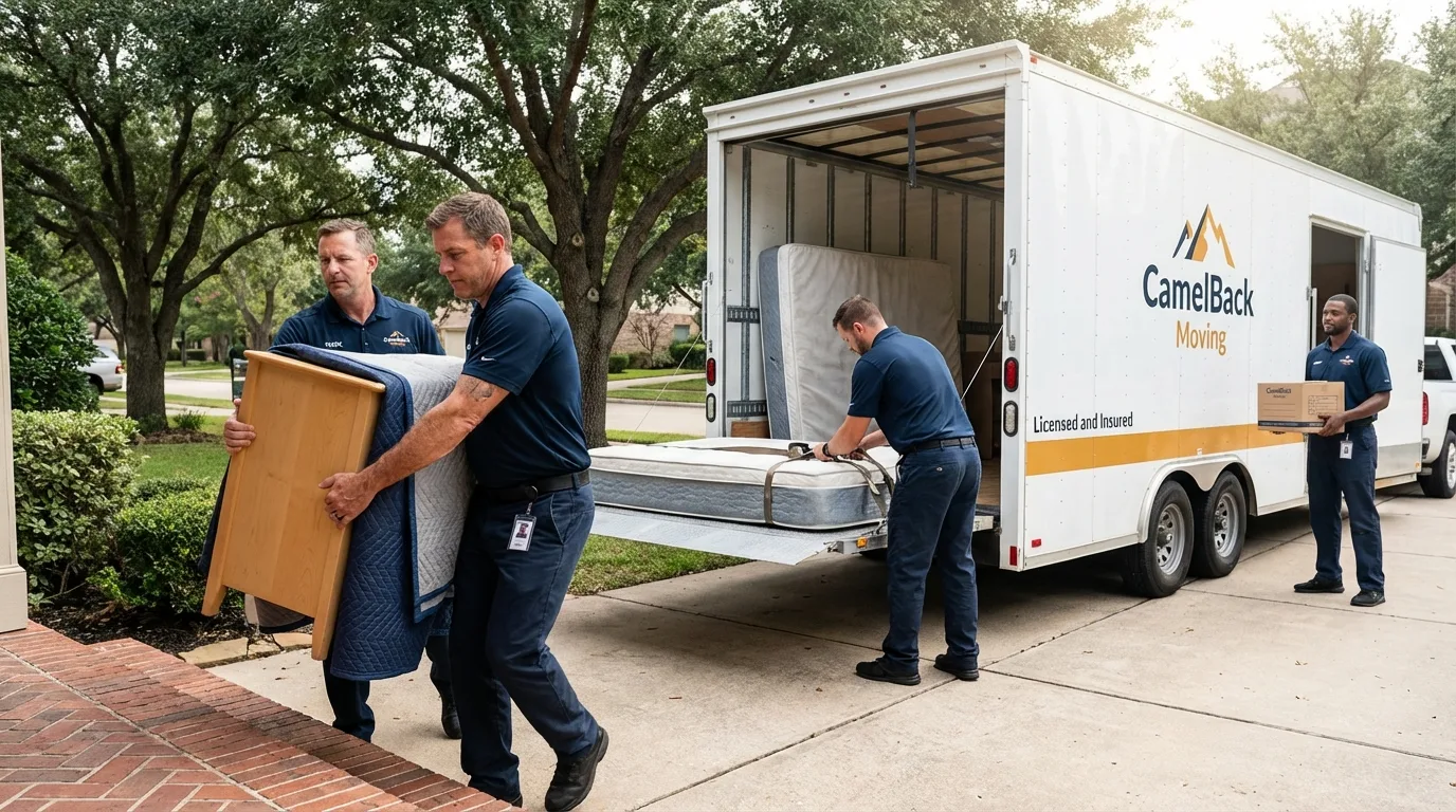 Crew loading residential truck for cross-state move from Cos Cob, CT