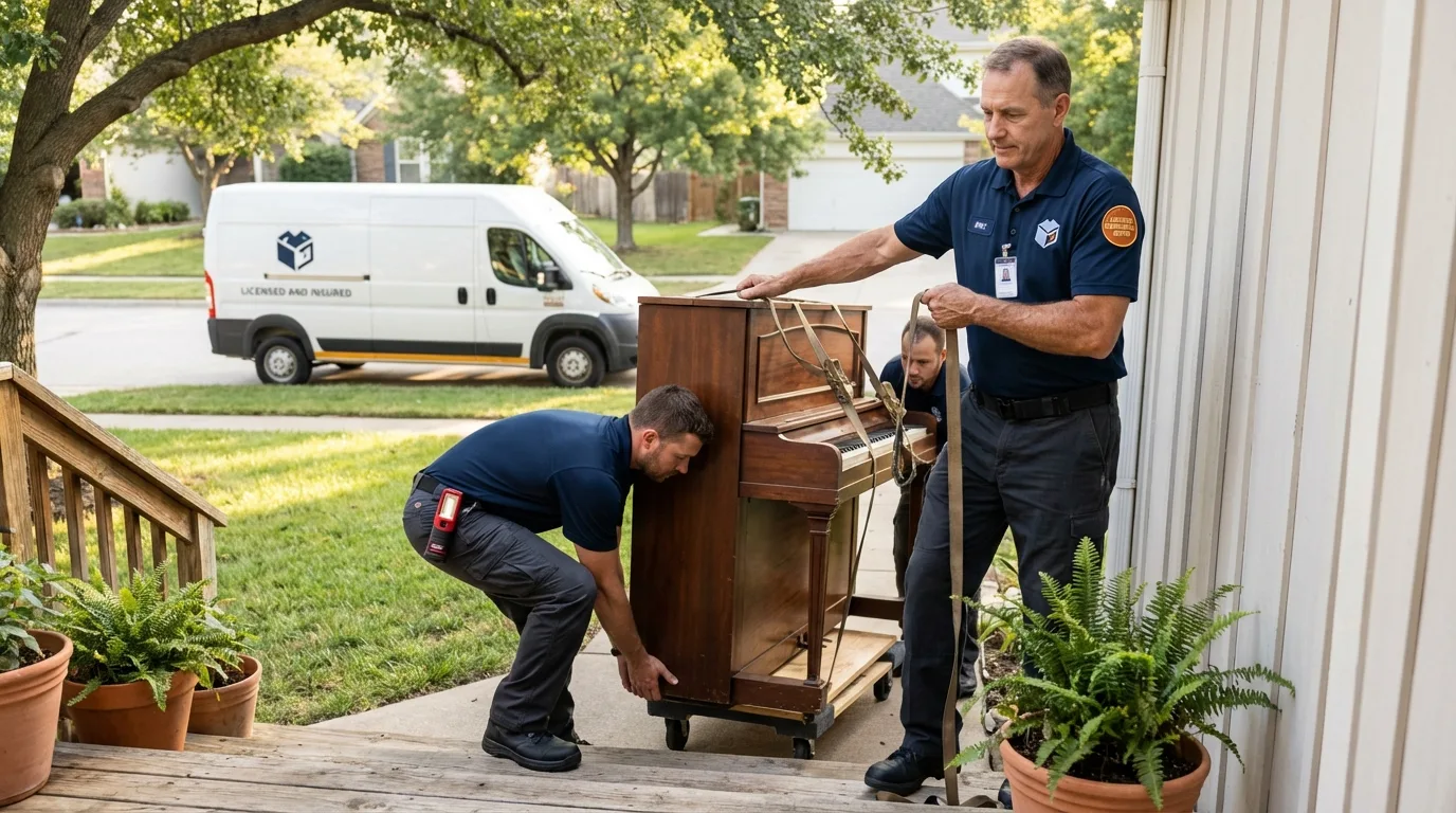 Licensed piano movers securing grand piano in Cos Cob, CT