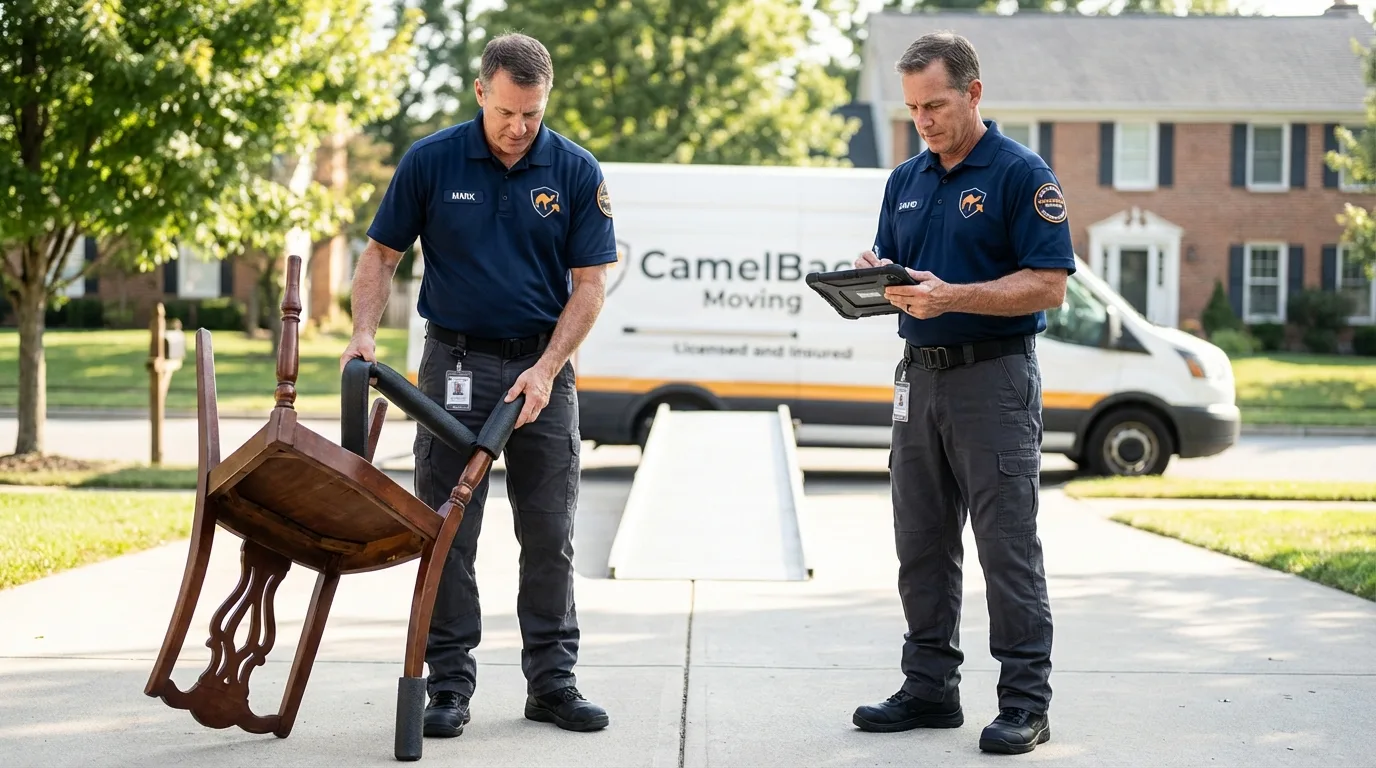 Movers inspecting furniture for damage prevention before loading in Cos Cob, CT